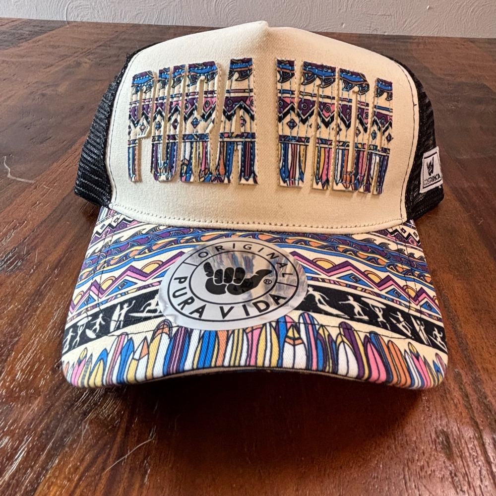 Pura Vida Trucker Hat Mesh Snapback Cream Black Surfboard Print Costa Rica NEW